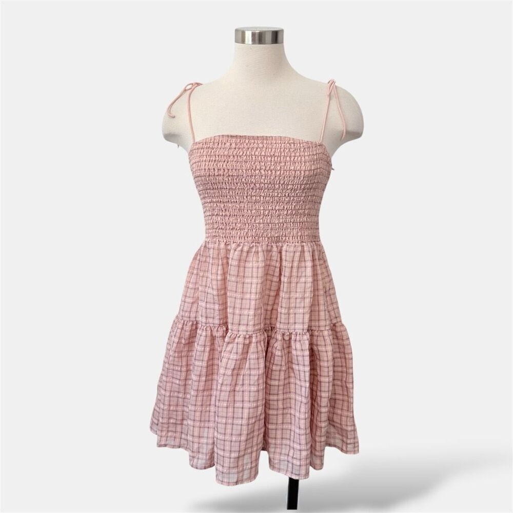 Lulus Pink Mini Dress Smocked Plaid Checkered Gingham Large Ruffle